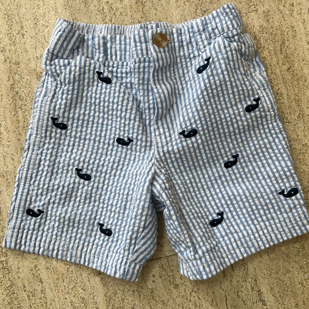 Blue Striped Seersucker Kids Shorts with Whale Pattern